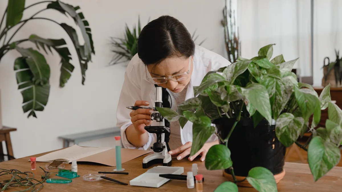 Female scientist examining samples under microscope in an indoor lab with plants.